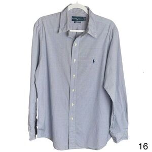 ralph lauren mens custom fit 16 1/2  34-35 plaid blue long sleeve collar shirt
